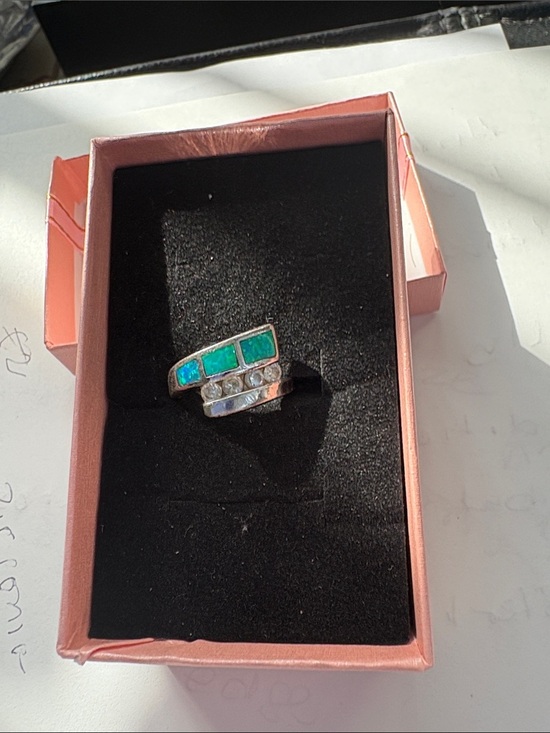 Jewelry - Vintage 925 Sterling Ring with Green/Blue Opal Inlay and Cubic Zirconia Ring